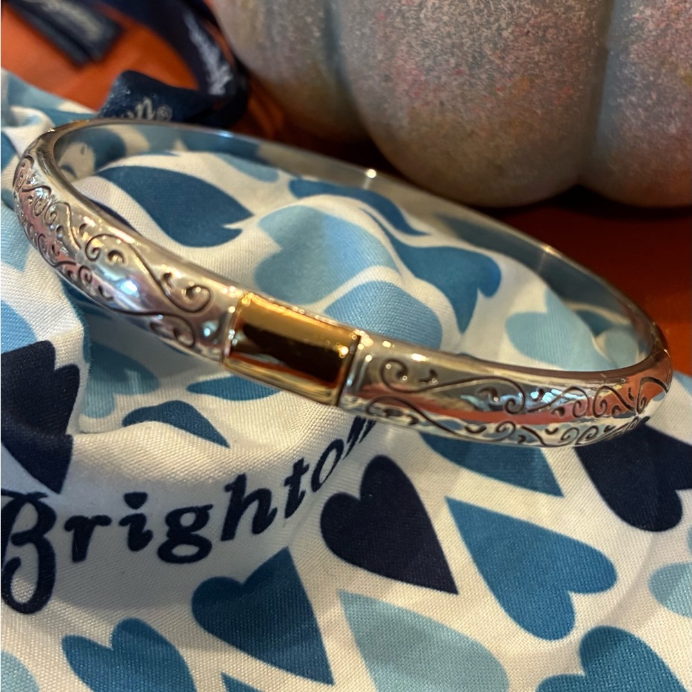 Brighton 2 Tone Bangle Bracelet w/ silver Engraving & rose color bars